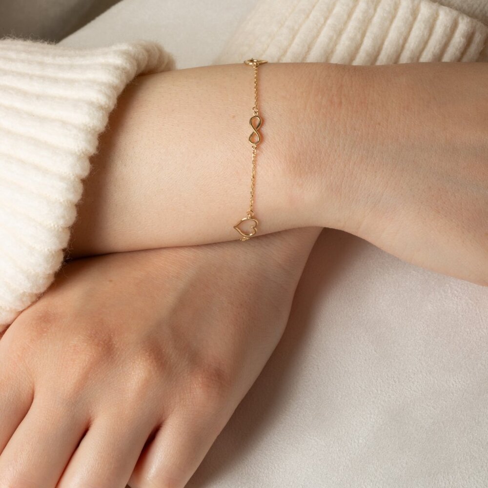 14K Solid Yellow Gold Heart Infinity Love Adjustable Bracelet 7"